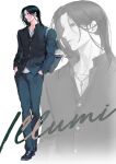 &lt;o&gt;_&lt;o&gt; 1boy absurdres bag bag_charm black_eyes black_hair black_shoes blue_gakuran blue_jacket blue_pants character_charm character_name charm_(object) closed_mouth commentary_request crossed_ankles dongzak_o0 full_body gakuran grey_bag hands_in_pockets highres hunter_x_hunter illumi_zoldyck jacket jewelry killua_zoldyck looking_ahead male_focus necklace no_pupils pants school_bag school_uniform shoes shoulder_bag solo twitter_username zoom_layer 