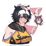  2girls ahoge animal_ears black_hair black_hood braid bridal_gauntlets brown_hair chin_rub closed_eyes clothing_cutout commentary_request drawstring ear_ornament fukuro_(maruaru00) genderswap genderswap_(mtf) genuine_(racehorse) grey_hair hair_between_eyes hair_intakes headband headpat highres hood hood_down hoodie horse_ears horse_girl multicolored_hair multiple_girls original personification sakura_chitose_o_(umamusume) see-through_clothes short_hair shoulder_cutout sidelocks simple_background spoken_character trembling two-tone_hair umamusume upper_body white_background white_headband yellow_hoodie zipper 