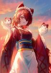  1girl absurdres animal_ears apron armillarphere_v banken_(inui_toko) black_collar black_kimono blue_sash bow brown_eyes brown_hair cloud collar cross-laced_clothes cross-laced_sleeves dog_ears evening fang flower frilled_apron frills gradient_sky hair_between_eyes hair_flower hair_ornament hands_up hashtag-only_commentary heterochromia highres inui_toko inui_toko_(1st_costume) japanese_clothes kimono long_hair long_sleeves looking_at_viewer maid maid_apron maid_headdress nijisanji obi obiage obijime open_mouth outdoors parted_bangs red_bow red_eyes red_flower red_ribbon ribbon sash sky smile solo standing sunset very_long_hair virtual_youtuber wa_maid waist_apron white_apron wide_sleeves 