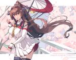  1girl bottle breasts brown_hair character_name cherry_blossoms clothing_cutout collar flower hair_flower hair_intakes hair_ornament headgear high-waist_skirt highres himeyamato holding holding_bottle holding_umbrella huge_breasts kantai_collection long_hair long_sleeves metal_collar miniskirt oil-paper_umbrella pleated_skirt ponytail ramune red_eyes sakuramon shirt shoulder_cutout sidelocks skirt solo umbrella very_long_hair white_shirt white_skirt yamato_(kancolle) yamato_kai_ni_(kancolle) 