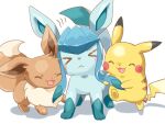  &gt;_&lt; :3 :d animal animal_focus closed_mouth cloud commentary eevee friends glaceon happy hug kana_(maple926) no_humans pikachu playing pokemon pokemon_(creature) shadow simple_background smile standing standing_on_one_leg toes white_background 