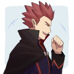  +++ 1boy black_cape border cape closed_eyes commentary_request from_side grey_background hand_up highres imasara_maki jacket lance_(pokemon) laughing long_sleeves male_focus open_mouth outside_border pokemon pokemon_(game) pokemon_hgss popped_collar red_hair short_hair solo spiked_hair teeth tongue upper_body upper_teeth white_border 