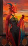 alcohol anthro beach beverage blue_eyes breasts claws clothed clothing container cup detailed_background dragon dress drinking_glass european_mythology eztli_(user_55) female glass glass_container glass_cup hair hi_res horn ira-arn membrane_(anatomy) membranous_wings mythological_creature mythological_scalie mythology red_body scalie sea solo sunset water western_dragon wine wine_glass wings wyvern