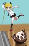  2girls absurdres arm_up black_necktie black_ribbon black_skirt black_socks blonde_hair blue_background blue_eyes bowling bowling_alley brown_eyes brown_hair closed_mouth frown hair_ribbon highres kill_me_baby kneehighs long_hair multiple_girls necktie open_mouth oribe_yasuna ribbon school_uniform severed_head shirt shoes simple_background skirt smile socks sonya_(kill_me_baby) standing standing_on_one_leg twintails ueki_(ueki056) uwabaki v-shaped_eyebrows white_shirt 