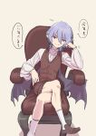  1boy absurdres alternate_costume armchair bat_wings blue_hair chair crossed_legs fang genderswap genderswap_(ftm) highres kawayabug light_smile loafers looking_at_viewer male_focus red_eyes remilia_scarlet shirt shoes shorts sitting socks solo touhou translated vampire vest wings 