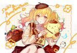  1girl :o animal apple argyle_clothes argyle_hat argyle_vest bag belt belt_buckle beret black_belt blonde_hair blue_butterfly blue_outline blueberry border brown_bag brown_hat brown_skirt buckle bug butterfly buttons cat chain character_name clothed_animal collared_shirt commentary cosplay cowboy_shot crossover dog dress_shirt eyelashes floating_hair food frilled_sleeves frills fruit gold_buckle gradient_hair green_bird grid_background hair_between_eyes halftone hat highres holding holding_animal knees light_blush long_hair long_sleeves looking_at_viewer miniskirt multicolored_hair open_mouth otorrio outline outside_border picnic_basket pink_eyes pink_hair pleated_skirt pompompurin pompompurin_(cosplay) project_sekai puffy_long_sleeves puffy_sleeves sanrio shirt shoulder_bag sidelocks skirt solo strawberry sweater_vest tenma_saki v-neck vest white_border white_shirt yellow_background yellow_vest 