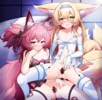  2girls absurdres animal_ear_fluff animal_ears arknights ass bangs bar_censor blonde_hair blush bottomless breasts censored collarbone ddddecade dilation_tape eyebrows_visible_through_hair frills garter_belt hair_between_eyes heart highres long_hair looking_at_viewer multiple_girls multiple_tails navel nipples parted_lips pink_eyes pink_hair ponytail pout presenting pussy see-through shamare_(arknights) small_breasts spread_pussy suzuran_(arknights) tail tape thighhighs underwear viewfinder white_legwear yellow_eyes 