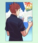  1boy alternate_costume cloud commentary_request cup day dratini hand_up highres holding holding_cup imasara_maki lance_(pokemon) male_focus ocean outdoors pokemon pokemon_(creature) pokemon_(game) pokemon_hgss red_hair shaved_ice shirt short_hair short_sleeves sky spiked_hair sweatdrop 