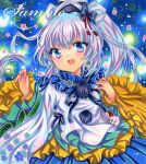  1girl :d black_bow black_hat blue_background blue_eyes blue_skirt blush bow embellished_costume hat long_hair long_sleeves looking_at_viewer marker_(medium) mononobe_no_futo open_mouth pom_pom_(clothes) rui_(sugar3) sample_watermark shirt skirt smile solo tate_eboshi touhou traditional_media upper_body very_long_hair watermark white_hair white_shirt wide_sleeves 
