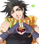  1boy bare_shoulders battle_tendency black_hair blue_eyes chikusawa fingerless_gloves gloves heart heart_hands jojo_no_kimyou_na_bouken joseph_joestar joseph_joestar_(young) male_focus scarf smile solo striped striped_scarf upper_body 