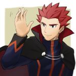  1boy black_cape blurry cape closed_mouth commentary_request grey_eyes hand_up highres imasara_maki jacket lance_(pokemon) long_sleeves looking_to_the_side male_focus pokemon pokemon_(game) pokemon_hgss popped_collar red_hair short_hair smile solo spiked_hair upper_body waving 