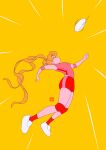  1girl alternate_costume artist_name ball bishoujo_senshi_sailor_moon blonde_hair breasts from_side long_hair medium_breasts pink_shirt profile ranpanda red_legwear red_shorts shirt shoes short_sleeves shorts simple_background socks solo tsukino_usagi twintails very_long_hair white_footwear yellow_background 