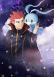  1boy altaria black_cape cape closed_mouth commentary_request grey_eyes grey_jacket hand_up highres imasara_maki jacket lance_(pokemon) long_sleeves looking_to_the_side male_focus pokemon pokemon_(creature) pokemon_(game) pokemon_hgss popped_collar red_hair short_hair smile spiked_hair 