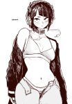  1girl aosora2823 artist_name audio_jack blush boku_no_hero_academia breasts choker collarbone headphones highres jacket jiro_kyoka long_earlobes monochrome nail_polish navel off-shoulder_jacket off_shoulder open_fly panties panty_peek short_hair small_breasts sports_bra underwear 