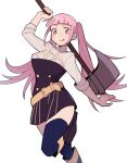  1girl axe bangs belt belt_buckle blunt_bangs blush breasts buckle do_m_kaeru feet_out_of_frame fire_emblem fire_emblem:_three_houses garreg_mach_monastery_uniform hilda_valentine_goneril holding holding_axe looking_at_viewer medium_breasts pink_eyes pink_hair simple_background solo thighhighs tongue tongue_out twintails white_background 