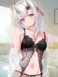  absurdres bare_shoulders black_garter_belt black_nightgown blush breasts demon_girl demon_horns garter_belt hair_between_eyes highres hololive horns long_hair looking_at_viewer nakiri_ayame navel nightgown open_clothes open_shirt parted_lips pink_eyes shirt shirt_partially_removed sidelocks small_breasts stomach wakaunderblade7 white_hair white_shirt 
