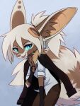  2022 anthro aseethe blue_eyes blue_sclera brown_body brown_fur canid canine clothed clothing eyewear eyewear_on_head female fennec fox fully_clothed fur goggles goggles_on_head gradient_background hi_res light lighting looking_at_viewer mammal melody_(aseethe) open_mouth open_smile shaded simple_background smile solo 