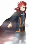  1boy black_cape blurry breath cape commentary_request fog grey_jacket grey_pants highres imasara_maki jacket lance_(pokemon) long_sleeves lower_teeth male_focus open_mouth pants pokemon pokemon_(game) pokemon_hgss red_hair short_hair smile solo spiked_hair teeth 