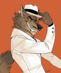  anthro black_nose brown_body brown_fur canid canine canis clothed clothing dreamworks facial_hair fangs fedora fur galehowl hat headgear headwear looking_at_viewer male mammal mr._wolf_(the_bad_guys) mustache shirt simple_background smile solo suit the_bad_guys topwear white_clothing white_hat white_headwear wolf yellow_eyes 