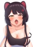  1girl animal_ears bangs bare_shoulders black_hair blush breasts cleavage collarbone dog_ears dog_girl dog_hair_ornament drooling eyebrows_visible_through_hair from_above hair_ornament half-closed_eyes heterochromia highres inui_toko large_breasts long_hair looking_at_viewer nijisanji open_mouth red_eyes saliva saliva_trail shiny shiny_hair shirayuiii solo sweat teeth tongue tongue_out upper_teeth virtual_youtuber yellow_eyes 