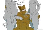 2025 5_fingers abs anthro armpit_hair athletic athletic_humanoid athletic_male balls big_pecs black_nose blush bodily_fluids body_hair brown_body brown_fur brown_hair canid canine canis crouching degradation dialogue domestic_dog english_description english_text exclamation_point fellatio fingers footfoxxy foreskin front_view fur genital_fluids genitals group hair hand_on_back hand_on_butt hand_on_hip hi_res homophobic_slur humanoid humanoid_genitalia humanoid_hands humanoid_penis humiliation insult leaking_precum male male/male mammal muscular muscular_anthro muscular_male nick_(footfoxxy) nude_anthro nude_humanoid nude_male oral orange_eyes overweight overweight_humanoid overweight_male partially_retracted_foreskin pecs penile penis precum precum_string question_mark saliva saliva_on_penis sex simple_background standing talking_to_another text trio white_background