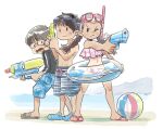  1girl 2boys ball beach beachball bikini black_footwear black_hair black_shirt blue_footwear braid brown_hair child commentary crocs english_commentary flip-flops fujiwara_yoshito full_body glasses goggles goggles_on_head highres holding holding_water_gun innertube long_hair looking_at_viewer male_swimwear multiple_boys one_eye_closed open_mouth original outdoors pink_bikini red_footwear sandals shirt short_hair swim_trunks swimsuit tearing_up twin_braids water_gun white_background 