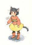  1girl animal_ear_fluff animal_ears blue_hair blush bob_cut boots cat_ears cat_girl cat_tail full_body highres long_sleeves medium_hair notice_lines original painting_(medium) paper_texture raised_eyebrows red_boots shadow skirt solo stomach_growling sweater tail traditional_media translated watercolor_(medium) wavy_mouth windofindigo worried yellow_eyes yellow_skirt 