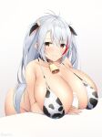  1girl alternate_breast_size animal_ears animal_print azur_lane bell bent_over between_breasts bottle breasts cow_ears cow_girl cow_horns cow_print cowbell eyebrows_visible_through_hair gigantic_breasts grey_hair hair_between_eyes highres horns kokonoe_misui leaning_forward long_hair looking_at_viewer milk_bottle mole mole_on_breast multicolored_hair orange_eyes prinz_eugen_(azur_lane) red_hair simple_background solo spaghetti_strap streaked_hair two-tone_hair very_long_hair white_background 