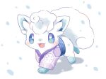  :3 :d alolan_vulpix animal animal_focus blue_eyes chibi commentary_request fox kana_(maple926) no_humans open_mouth pokemon pokemon_(creature) robe shadow simple_background smile snow snowflake_print solo_focus toes walking white_background 