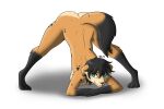  anthro arias black_body black_fur black_hair black_tip_tail butt canid canine chesa_(arias) female floppy_ears fur green_eyes hair hi_res jack-o&#039;_pose looking_at_viewer mammal nude orange_body orange_fur pose short_hair simple_background solo spots spotted_body spotted_fur spread_legs spreading white_background 