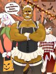 2024 4_fingers angry animated anthro arctic_fox black_clothing black_eyebrows black_legwear black_nose black_stockings black_underwear blush bodypaint bored brown_body brown_hair buckteeth bulge bun-za_(footfoxxy) canid canine canis cheek_tuft clenched_teeth clothing costume crossed_arms cuffs_(clothing) dialogue domestic_dog ears_down ears_up english_description english_text eyebrows face_paint facial_tuft filly_(footfoxxy) fingers food_costume footfoxxy fox front_view fur green_eyes grey_eyebrows group hair halloween head_tuft hi_res holding_bag holidays jester jester_outfit lagomorph leg_ribbon legwear leporid loop maid_headdress maid_uniform male mammal mouth_closed muscular muscular_anthro muscular_arms muscular_male nick_(footfoxxy) orange_eyes pivoted_ears profanity purple_eyes rabbit smile standing stockings teeth text trio true_fox tuft underwear uniform white_body white_fur white_ribbon