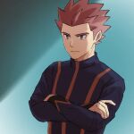  1boy closed_mouth commentary_request crossed_arms green_background grey_eyes imasara_maki jacket lance_(pokemon) long_sleeves male_focus pokemon pokemon_(game) pokemon_hgss red_hair short_hair solo spiked_hair turtleneck turtleneck_jacket upper_body 
