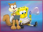 2016 404bot arm_around_shoulders blowing blush bubble bubble_wand clothed clothing computer electronics feet female laptop male mammal nickelodeon rodent sandy_cheeks sciurid sitting sponge spongebob_squarepants spongebob_squarepants_(character) sweater tail topwear tree_squirrel