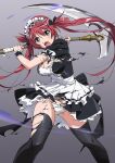  1girl airi_(queen&#039;s_blade) apron black_thighhighs blush bow breasts cleavage dress frills green_eyes highres large_breasts long_hair maid maid_apron maid_headdress official_art open_mouth panties queen&#039;s_blade red_hair ribbon scythe second-party_source shiny_skin solo standing takamura_kazuhiro thighhighs torn_clothes torn_dress torn_thighhighs twintails underwear white_panties wrist_cuffs 