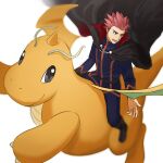  1boy black_cape black_footwear blue_jacket blue_pants boots cape dragonite floating_cape highres imasara_maki jacket lance_(pokemon) long_sleeves looking_down lower_teeth male_focus open_mouth pants pokemon pokemon_(creature) pokemon_(game) pokemon_hgss red_hair riding riding_pokemon short_hair sitting spiked_hair teeth tongue white_background 