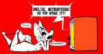 2025 accent aliasing anthro big_butt bikini bikini_bottom_down binary_drawing black_nose butt canid canine clothed clothing crossdressing dialogue digital_drawing_(artwork) digital_media_(artwork) electronics english_text eyebrows fangs feet femboy fingers flat_colors fox fur half-closed_eyes inner_ear_fluff lidded_eyes lying male mammal narrowed_eyes navel no_pupils on_front open_mouth profanity pubes red_background red_bikini red_bikini_bottom red_bikini_top red_clothing red_eyes red_swimwear restricted_palette sharp_teeth side_view simple_background snout solo speech_bubble swimwear tail teeth television text thick_thighs thinking thought_bubble toes tuft two-piece_swimsuit white_body white_fur xexeezy