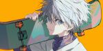  1boy blue_eyes closed_mouth from_side holding holding_skateboard hunter_x_hunter killua_zoldyck looking_at_viewer lunar_(lunar_815) male_focus nail_polish shirt short_hair simple_background skateboard smile solo spiked_hair white_hair yellow_background 