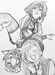  2girls :3 :d ahoge amoris_(bang_dream!) animal_ears ascot bang_dream! bang_dream!_it's_mygo!!!!! beret big_mouth blush blush_stickers breasts brooch capelet cat_ears chestnut_mouth cleavage_cutout closed_eyes clothing_cutout collared_shirt corset earrings english_commentary fang full-face_blush garter_straps graphite_(medium) greyscale hair_between_eyes half-closed_eyes hand_up hands_up hat index_finger_raised jewelry kemonomimi_mode leaning_to_the_side leg_lift long_hair long_sleeves lying medium_breasts monochrome mortis_(bang_dream!) mortis_(costume)_(bang_dream!) mortis_(persona)_(bang_dream!) multiple_girls necklace nervous_sweating on_side open_hands open_mouth pearl_necklace samipeko see-through_clothes see-through_sleeves shirt short_hair shorts simple_background smile striped_clothes striped_shirt sweat swept_bangs teardrop thighhighs traditional_media vertical-striped_clothes vertical-striped_shirt wakaba_mutsumi white_background yuri yuutenji_nyamu 