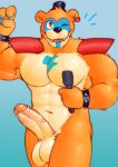  4_fingers abs amber_eyes anthro balls biceps big_balls big_penis bracelet claws clothing cute_fangs digital_media_(artwork) ear_piercing ear_ring erection facial_markings finger_claws fingers five_nights_at_freddy&#039;s five_nights_at_freddy&#039;s:_security_breach fleshformomo front_view fur genitals glamrock_freddy_(fnaf) hat head_markings headgear headwear holding_object humanoid_genitalia humanoid_penis jewelry looking_at_viewer male mammal markings microphone mostly_nude muscular muscular_anthro muscular_male one_eye_closed open_mouth pecs penis piercing portrait retracted_foreskin scottgames sharp_teeth shoulder_pads simple_background smile solo spiked_bracelet spikes teeth three-quarter_portrait tongue top_hat ursid ursine video_games wink yellow_body yellow_fur 