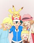  2boys 2girls :d ahoge arm_up ash_ketchum bangs baseball_cap black_shirt blonde_hair blue_jacket blush bonnie_(pokemon) clemont_(pokemon) closed_eyes collarbone collared_jacket commentary_request dedenne eyebrows_visible_through_hair eyelashes glasses hat jacket jumpsuit kouzuki_(reshika213) multiple_boys multiple_girls neck_ribbon on_head open_mouth pants pikachu pink_headwear pokemon pokemon_(anime) pokemon_(creature) pokemon_on_head pokemon_xy_(anime) red_headwear ribbon round_eyewear serena_(pokemon) shirt short_sleeves smile teeth tongue upper_teeth 