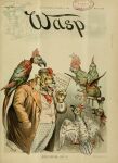 1892 19th_century ancient_art anthro avian bird black_text boston brown_clothing brown_coat brown_topwear caption charles_saalburg chicago clothing coat facial_hair feeding felid feral fez food from_behind_position group hand_in_pocket hat headgear headwear hi_res holding_cracker holding_food holding_object label mammal necktie new_york open_mouth pantherine parrot perch perching_position philadelphia pockets political_cartoon politics public_domain red_necktie san_francisco sex signature slightly_chubby smile st_louis tammany_tiger text the_wasp_(magazine) tiger topwear white_facial_hair