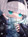  1girl absurdres black_bow black_hairband black_ribbon blue_eyes blue_scarf bob_cut bow fuunyon hair_ribbon hairband highres konpaku_youmu light_blush long_sleeves plaid ribbon scarf short_hair silver_hair sleeves_past_wrists solo touhou 