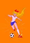  1girl aino_minako arms_up ball bishoujo_senshi_sailor_moon blonde_hair blue_shorts blush floating_hair hair_ribbon long_hair orange_background ranpanda red_footwear red_ribbon ribbon shirt shoes short_sleeves shorts simple_background soccer_ball socks solo white_legwear white_shirt 