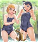  2girls arms_up bangs black_hair blonde_hair blue_eyes blunt_bangs blurry blurry_background blush breasts collarbone commentary_request covered_navel eyebrows_visible_through_hair feet_out_of_frame fish highres hodaka_natsumi houkago_teibou_nisshi leaning_forward looking_down medium_hair moss multiple_girls one-piece_swimsuit one_eye_closed open_mouth orizen small_breasts splashing swimsuit tareme tree tsurugi_hina water wet yellow_eyes 