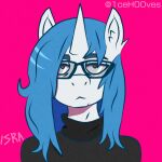  1ce_h00ves 1ce_h00ves_(character) anthro black_clothing blue_hair brown_eyes clothing equid eye_contact eyewear flat_colors fluffy_ears glasses hair hi_res looking_at_another looking_at_viewer magenta_background male mammal profile_picture shaded simple_background simple_coloring simple_shading solo withe_body 