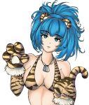  1girl alternate_costume animal_ears animal_hands animal_print bangs bare_shoulders blue_eyes blue_hair breasts chinese_zodiac dog_tags fake_animal_ears gloves ikari_hime leona_heidern new_year paw_gloves paw_pose ponytail simple_background snk solo tail the_king_of_fighters tiger_ears tiger_print tiger_tail white_background year_of_the_tiger 