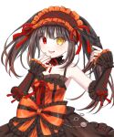  1girl antique_firearm bare_shoulders black_hair breasts clock_eyes date_a_live detached_sleeves dress firelock flintlock frilled_dress frilled_hairband frills gun hairband heterochromia highres lolita_fashion lolita_hairband long_hair looking_at_viewer open_mouth red_dress red_eyes satsuki_nanoka_(user_zfcv4284) smile solo symbol-shaped_pupils tokisaki_kurumi twintails two-tone_dress weapon white_background yellow_eyes 