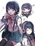  1girl black_thighhighs blue_eyes blue_hair blue_sailor_collar blue_skirt blush blush_stickers bow bowtie chibi closed_eyes closed_mouth commentary danganronpa:_trigger_happy_havoc danganronpa_(series) fuku_sa headphones highres long_sleeves looking_at_viewer maizono_sayaka musical_note one_eye_closed pink_bow pink_bowtie pink_headphones plaid_clothes plaid_skirt pleated_skirt sailor_collar school_uniform shirt simple_background skirt symbol-only_commentary thighhighs twitter_username white_background white_shirt 