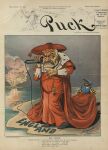 1901 20th_century absurd_res ancient_art anthro atlantic_ocean beard black_text black_whiskers blue_clothing blue_hat blue_headwear cape caption classy clothing cover duo electronics england english_text explosion facial_hair felid fur_collar_jacket hat headgear headwear hi_res holding_cape holding_object holding_phone human jewelry jockey label louis_dalrymple magazine_cover male mammal mustache necklace new_york on_phone pantherine phone political_cartoon politics public_domain puck_(magazine) racism red_cape red_clothing red_hat red_headwear richard_croker sea size_difference tammany_tiger text tiger water whiskers wide_brim_hat