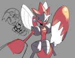  1boy backwards_hat blue_eyes caliginousarts carapace cowboy_shot doodle_inset earrings ethan_(pokemon) grey_background hat highres insect_wings jewelry looking_at_viewer mega_pokemon mega_scizor mega_stone net_ball pincers poke_ball pokemon pokemon_(creature) pokemon_focus pokemon_hgss red_carapace scizor single_earring solo wings 